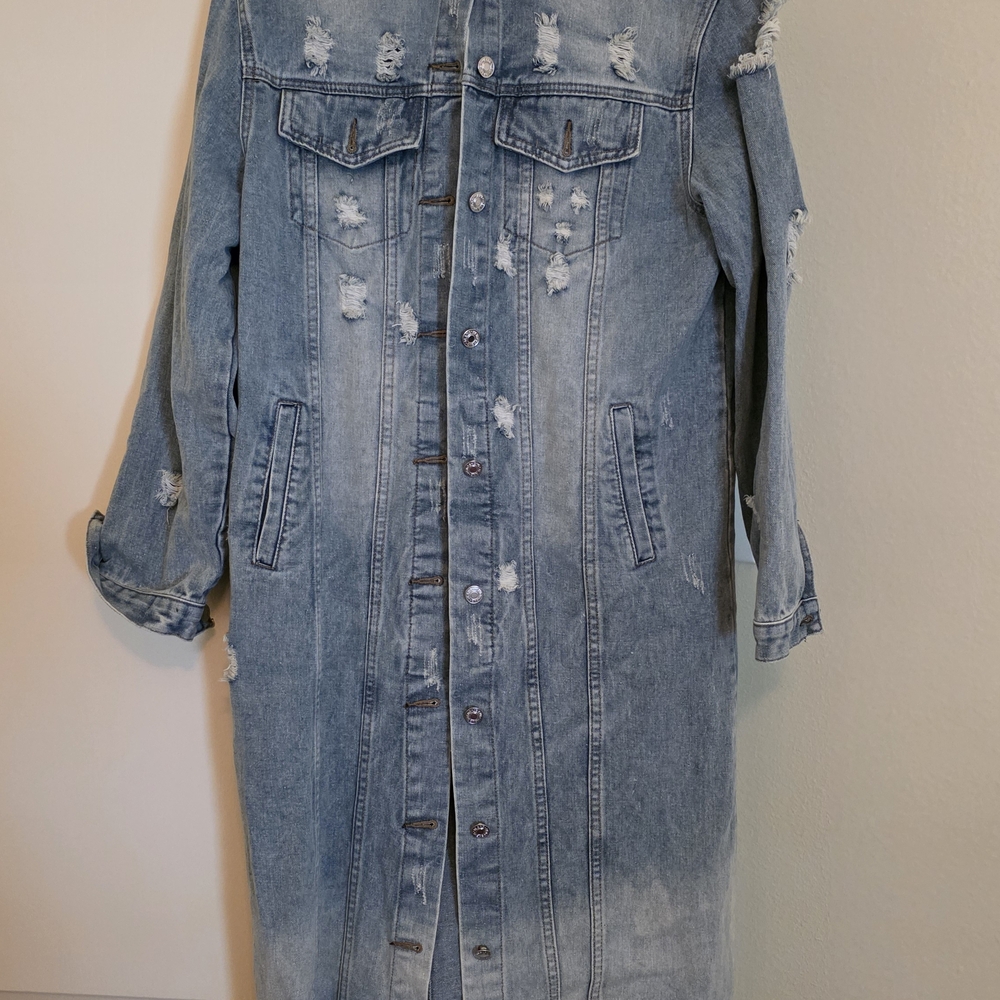Distressed Blue Denim Long Jean Jacket
